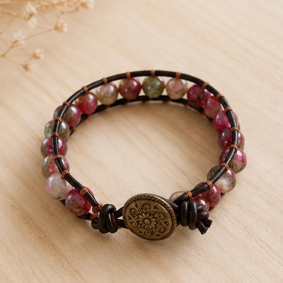 Leather Wrap Bracelet, Natural Healing Stones Button Cuff, Beaded Gemstone Leather Wristband, Protection Gift for Men Women