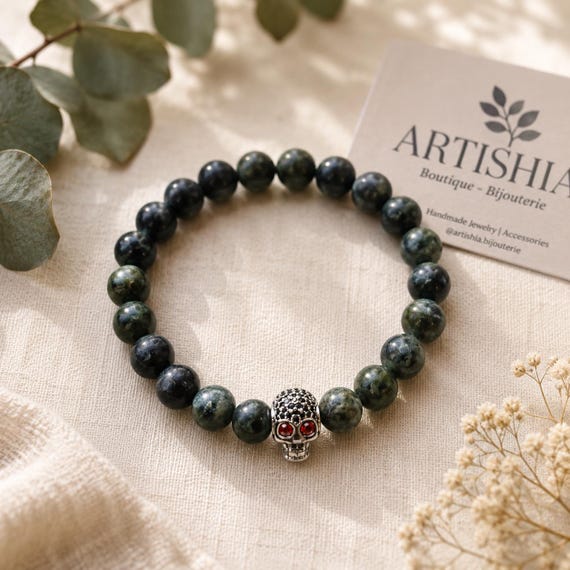 Natural Gemstone Skull Bracelet, Healing Stones Beaded Jewelry, Gothic Skull Charm Stretch Bracelet, Edgy Boho Protection Gift