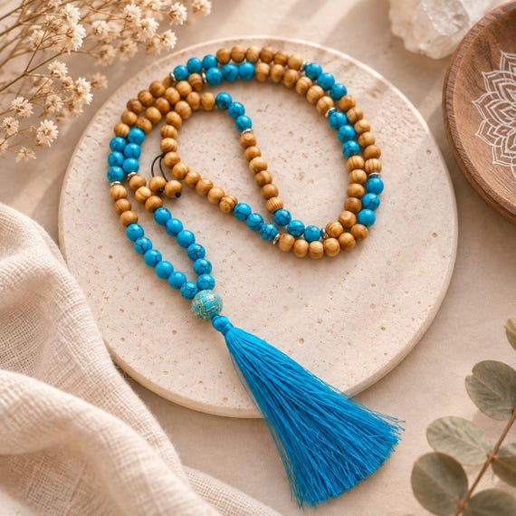 108 Mala Beads, Natural Stone & Wood Mala, Prayer Beads, Mala Necklace, Handmade Blue Tassel
