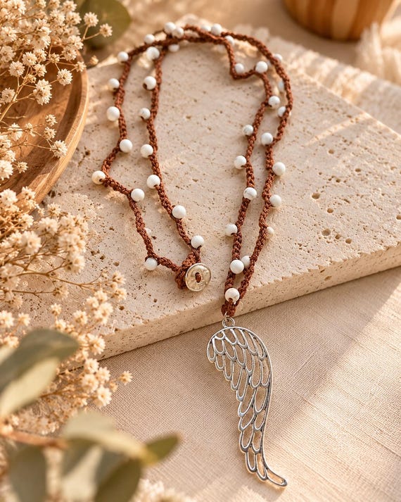 Crochet Angel Wing Necklace | Howlite Beads | Boho Handmade Necklace | Angel Wing Pendant | Handmade Necklace Beaded