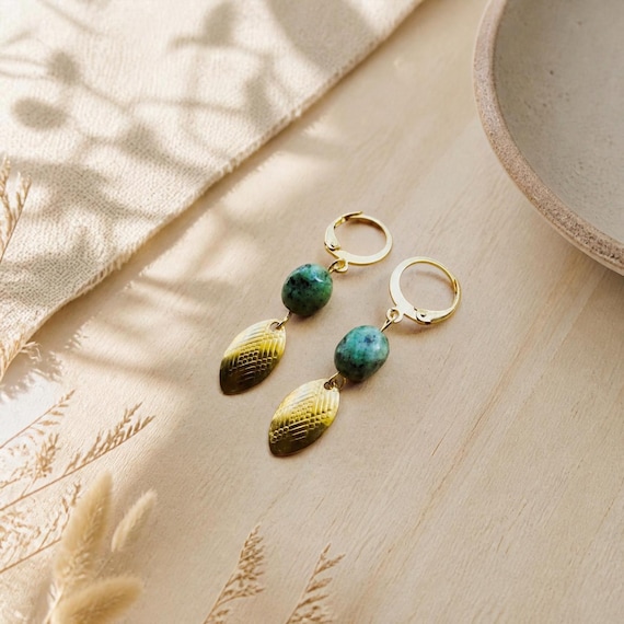 Gaspeite Earrings Gold Stainless Steel | Natural Stone Earrings | Green Stone Jewelry | Boho Earrings | Handmade Gift