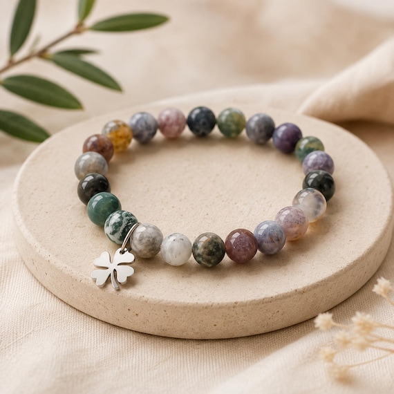 Lucky Clover Indian Agate Bracelet - Natural Gemstone Beaded Stretch Jewelry, Good Luck Talisman, Earthy Boho Stacking Bracelet