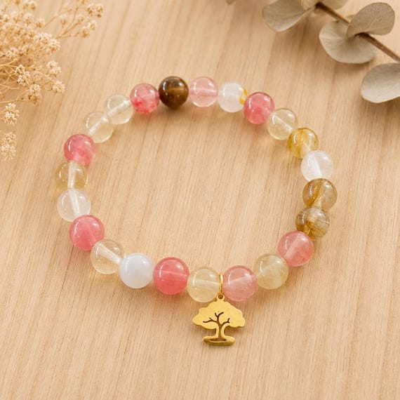 Tree of Life Watermelon Tourmaline Bracelet - Natural Gemstone Beaded Stretch Jewelry, Crystal Family Tree Talisman, Spiritual Gift