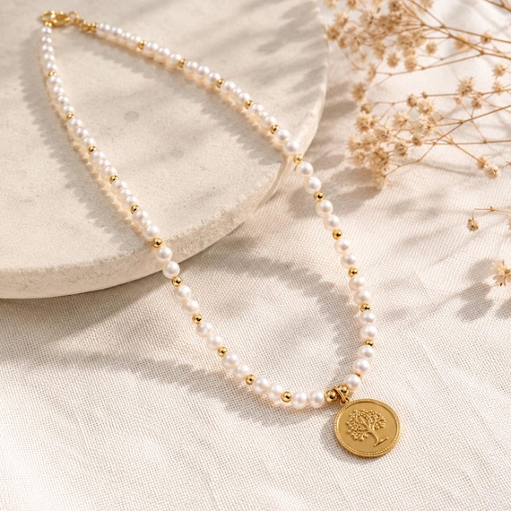 Mother of Pearl Necklace, Gold Stainless Steel Necklace, Tree of Life Pendant, Boho Jewelry, Natural Shell Necklace, Gift for Her