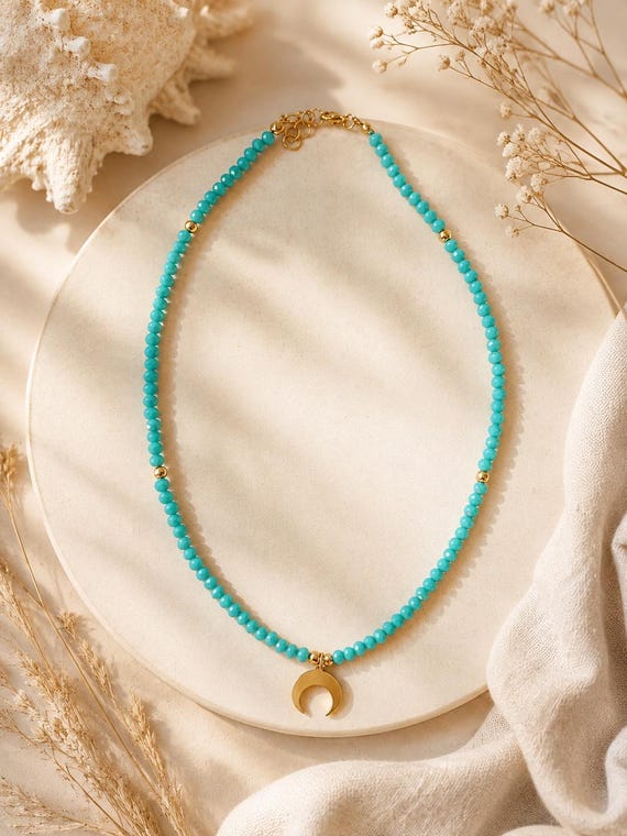 Blue Crystal Necklace | Gold Moon Pendant Necklace | Boho Crystal Jewelry | Stainless Steel | Celestial Gift
