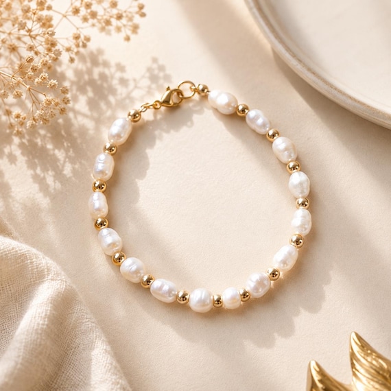 Mother of Pearl Bracelet, Gold Stainless Steel Beaded Bracelet, Genuine Nacre Handmade Jewelry, Elegant Stacking Bracelet Gift for Her