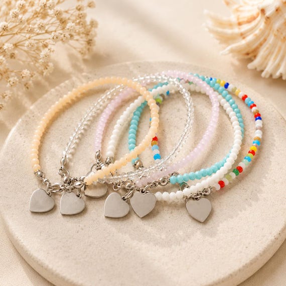 Minimalist Crystal Heart Bracelet, Stainless Steel Heart Pendant, Dainty Gemstone Beaded Jewelry, Non Tarnish Romantic Gift for Her