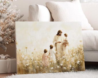 Puede incluir: Impresión en lienzo que representa una escena religiosa con una figura vestida con túnicas blancas sosteniendo a un niño, rodeada de otros niños en un campo de flores. La obra de arte tiene una paleta de colores suave y cálida, en un salón.