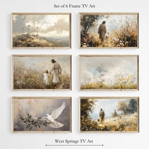 May include: Set of six framed Christian art prints featuring images of Jesus, a dove, and crosses. The prints are in a rustic style with a light brown frame.