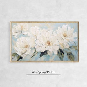 Frame TV Art for Spring Summer White Flowers Painting, Textured Botanical Painting, Modern TV Art, Digital Download, Home Décor Floral