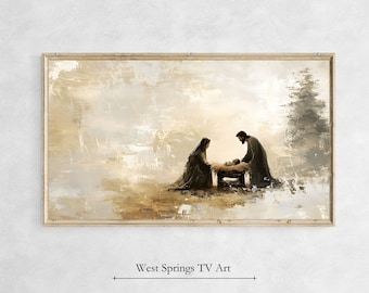 May include: A painting depicting the Holy Family. Mary and Joseph kneel beside a manger, looking down at the baby Jesus. The painting is done in a soft, muted palette of browns, grays, and whites, with a hazy background.