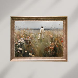 Jesús y el niño pequeño caminando en un campo de flores, Niño de Dios, Descarga digital, Impresión religiosa cristiana, Arte de pared imprimible de la Biblia moderna