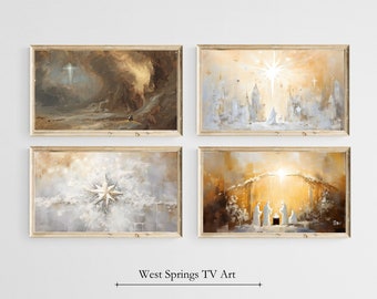 May include: Four framed paintings depicting scenes from the Christmas story. The top left painting shows a bright light shining down from the sky, the top right painting shows a city with a bright star in the sky, the bottom left painting shows a star with a bright light, and the bottom right painting shows a stable with a bright light shining down from the sky.