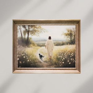 Jesus Walks with Cat, Faith and Hope, Pet cat memorial printable, Digital Download,Vintage Style Christian Painting,Religious Gift,Cat Lover