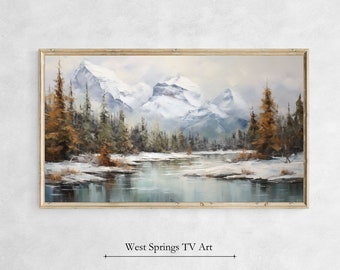 Samsung Frame TV Art Winter Rocky Mountain, Vintage Landscape Painting, Winter Tv Art, Instant Download, digital art, tv wallpaper