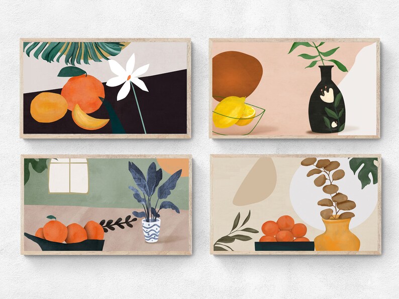 May include: Four framed illustrations with a minimalist style. Each illustration features a different still life with fruit, plants, and vases. The first illustration features a white flower, green leaves, and orange fruit. The second illustration features a vase with green leaves, a brown abstract shape, and lemons in a glass bowl. The third illustration features a green plant in a blue and white patterned vase. The fourth illustration features a vase with brown leaves and orange fruit.
