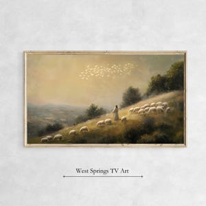 May include: A painting depicting a man in white robes leading a flock of sheep up a grassy hill. The sky is a soft yellow with white birds flying overhead.