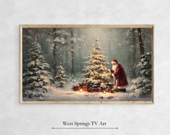 Samsung Frame TV Art, Santa in the woods Christmas Tree, Winter Holiday Tv Art, Instant Digital Download, digital art, Festive Home Décor