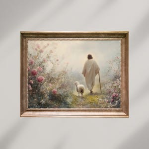 Jesus Leaves the 99 Painting, Good Shepherd, Parable of The Lost Sheep, Digital Download,Religious Print,Modern Christian Printable Wall Art