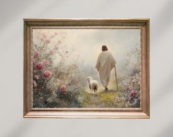 Jesus Leaves the 99 Painting, Good Shepherd, Parable of The Lost Sheep, Digital Download,Religious Print,Modern Christian Printable Wall Art
