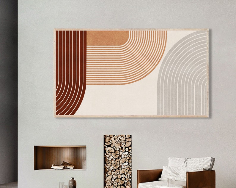 May include: Abstract art print with geometric shapes in shades of brown, orange, and gray. The print features curved lines and a white background.