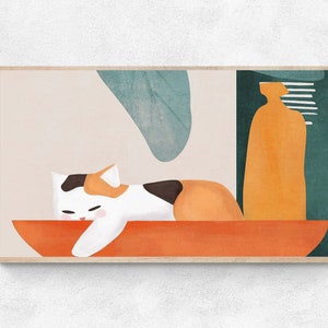 May include: A framed illustration of a calico cat lying in a bowl. The cat is white with orange and black patches. The background is a muted beige with abstract shapes in shades of teal, orange, and green.