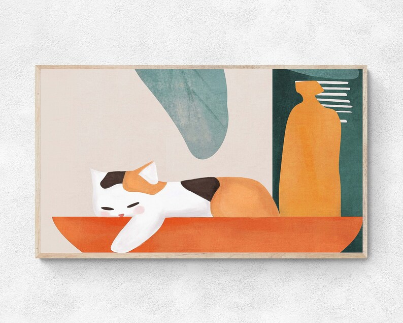 May include: A framed illustration of a calico cat lying in a bowl. The cat is white with orange and black patches. The background is a muted beige with abstract shapes in shades of teal, orange, and green.