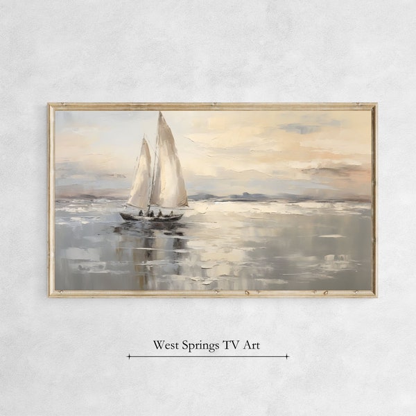 Samsung Frame TV Art Oil Painting Sail Boat, Muted Vintage Landscape, Ocean, Summer Décor, Instant Download, digital art, tv wallpaper
