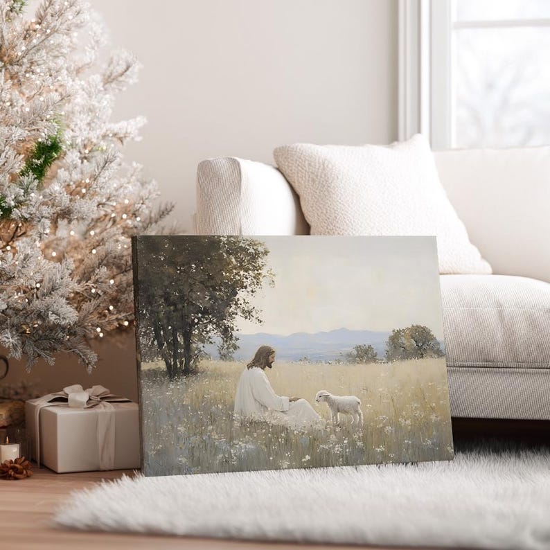 Jesus and Lamb Framed Canvas, Jesus Leaves the 99, The Good Shepherd, Spiritual Faith Gift, Christ Wall Art, Christian Religious painting