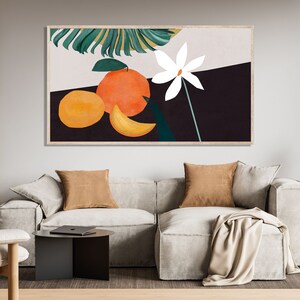 May include: Abstract art print featuring a white flower, green leaves, and orange fruit on a black and white background.
