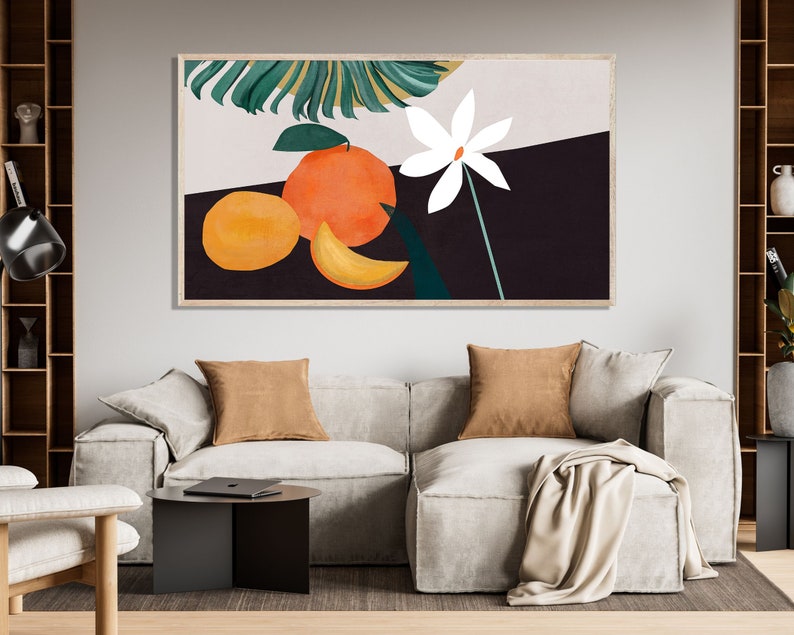 May include: Abstract art print featuring a white flower, green leaves, and orange fruit on a black and white background.