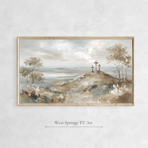 He Is Risen Jesus Frame TV Art, Three Cross Passion, Christian Resurrection Decor, Spring Religious Faith Painting Print, Digital Download