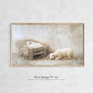 May include: A painting depicting a baby Jesus asleep in a manger, with a white lamb lying down nearby. The scene is set in a rustic barn with straw and wood.