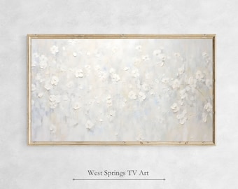 May include: A framed abstract painting with a white background and white flowers. The flowers are painted in a textured style, giving the painting a three-dimensional look.