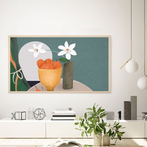 May include: A framed illustration of a still life with a bowl of oranges, white flowers in a vase, and a green and orange background.