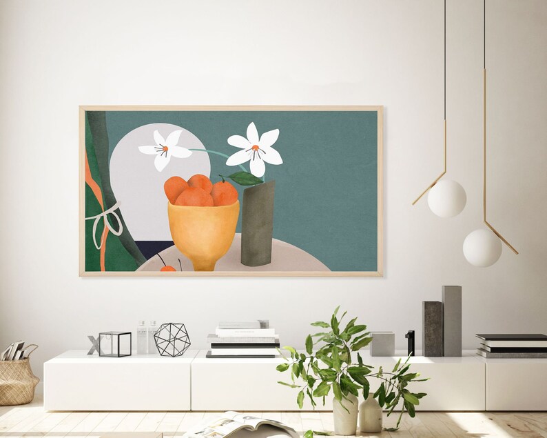 May include: A framed illustration of a still life with a bowl of oranges, white flowers in a vase, and a green and orange background.