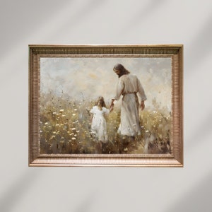 Jesús y la niña caminando en un campo de flores, Niño de Dios, Descarga digital, Impresión religiosa cristiana, Arte de pared imprimible de la Biblia moderna