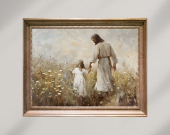 Jesus and Little Girl walking in flower field, Child of God, Digital Download, Christian Religious Print, Modern Bible Printable Wall Art