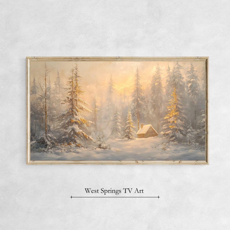 May include: A painting of a snowy forest scene with a small cabin in the distance. The trees are covered in snow and the sky is a soft orange color. The painting is framed in a light wood frame.