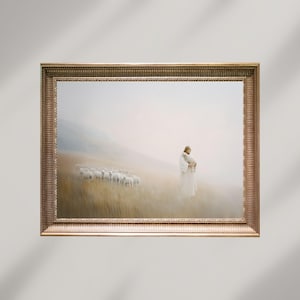 Modern Christian Wall Art, Digital Download Printable, The Lord is my Shepherd, Jesus leaves the 99, Religious Art Painting,Christ and Sheep