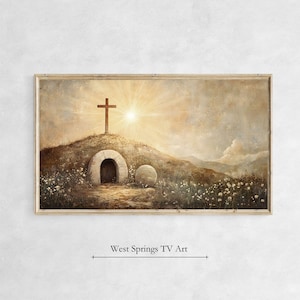 Peut inclure: Une peinture représentant un tombeau de pierre avec une porte ouverte, une grosse pierre roulée et une croix en bois sur une colline. La scène est baignée d'une lumière dorée chaude, suggérant le lever ou le coucher du soleil. La peinture évoque un sentiment d'espoir et de résurrection.