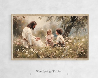 May include: A painting of Jesus sitting in a field of flowers with two children. Jesus is wearing a white robe and has long brown hair and a beard. The children are wearing simple clothing and are looking up at Jesus. The painting is set in a field of wildflowers and has a soft, dreamy feel.