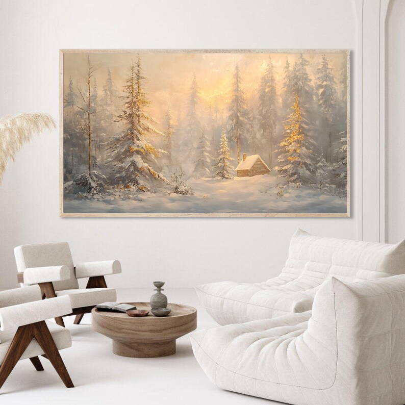 May include: A painting of a snowy forest scene with a small cabin in the distance. The trees are covered in snow and the sky is a soft blue. The sun is shining through the trees, creating a warm glow.