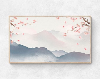 Samsung Frame TV Art, Watercolor Landscape, Cherry Blossom and Mountains, Spring Tv Art, Instant Download, TV wallpaper, Digital Download