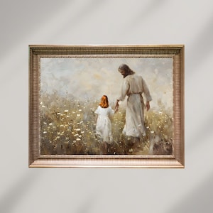 Jesús y la niña caminando en un campo de flores, Niño de Dios, Descarga digital, Impresión religiosa cristiana, Arte de pared imprimible de la Biblia moderna