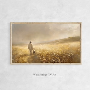 Puede incluir: Una pintura de un hombre caminando por un campo de hierba alta con un cordero siguiéndolo. El cielo es de un azul suave con nubes y el sol brilla.