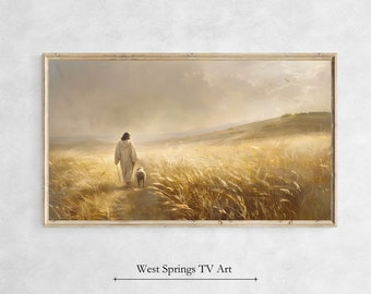 May include: A painting of a man walking through a field of tall grass with a lamb following behind him. The sky is a soft blue with clouds and the sun is shining.