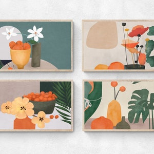 May include: Four framed illustrations with a minimalist aesthetic. Each frame features a different still life composition with oranges, flowers, and leaves in various shades of orange, green, and white.