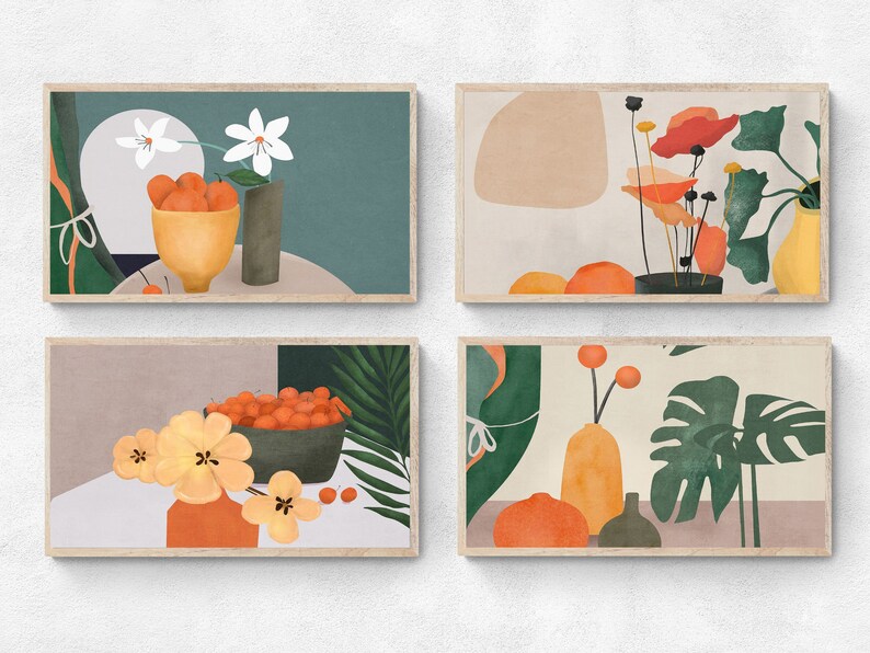 May include: Four framed illustrations with a minimalist aesthetic. Each frame features a different still life composition with oranges, flowers, and leaves in various shades of orange, green, and white.