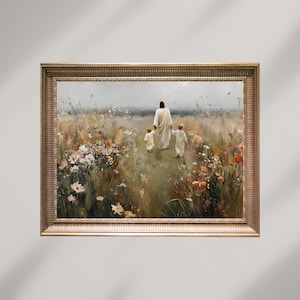 Jesús y dos niños pequeños caminando por un campo de flores, Niño de Dios, Descarga digital, Impresión religiosa cristiana, Arte mural imprimible de la Biblia moderna